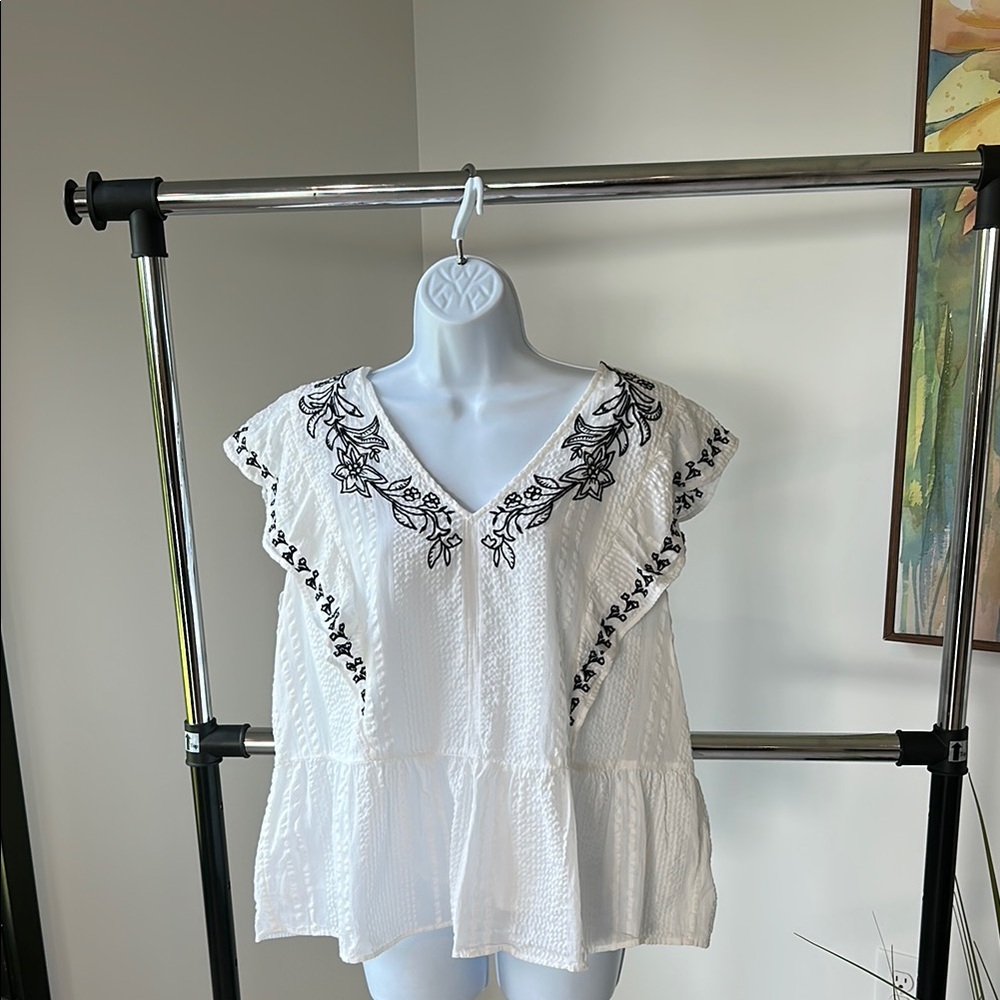 LOFT White Ruffled Blouse with Black Embroidery